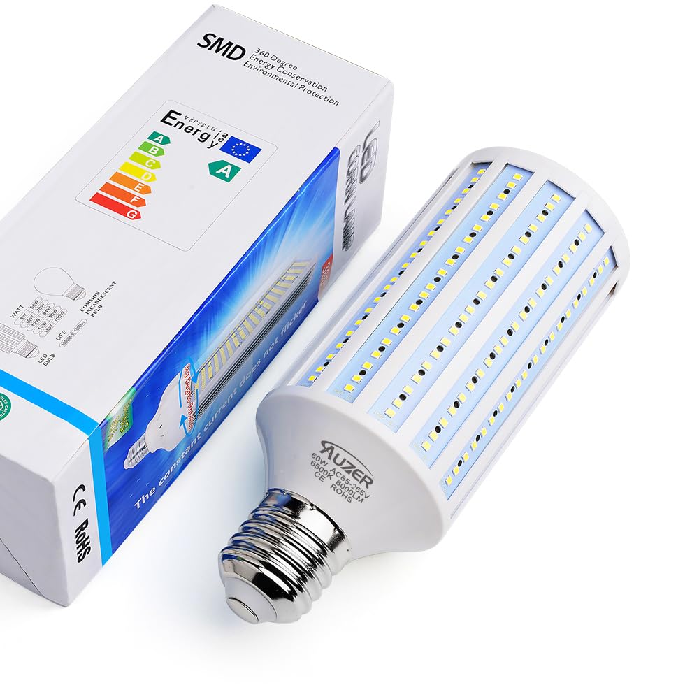 Auzer 60W LED Corn Light Bulb, E39 Base, 6000-Lumen, 6500K Cool White, Plastic, 1 Count