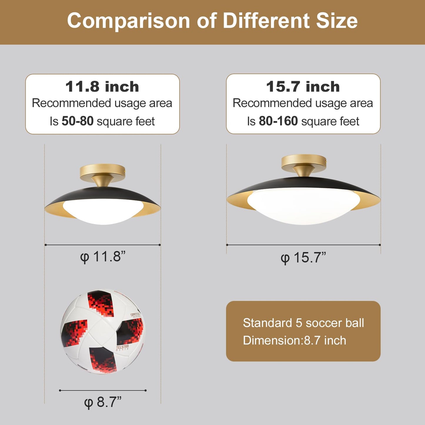 Zuyurt Dimmable Mid Century Modern Ceiling Light 5Cct Led Black And Gold Semi Flush Mount Ceiling Lighting For Kitchen Bedroom Hallway Bathroom 2700K-6000K 15.75 In