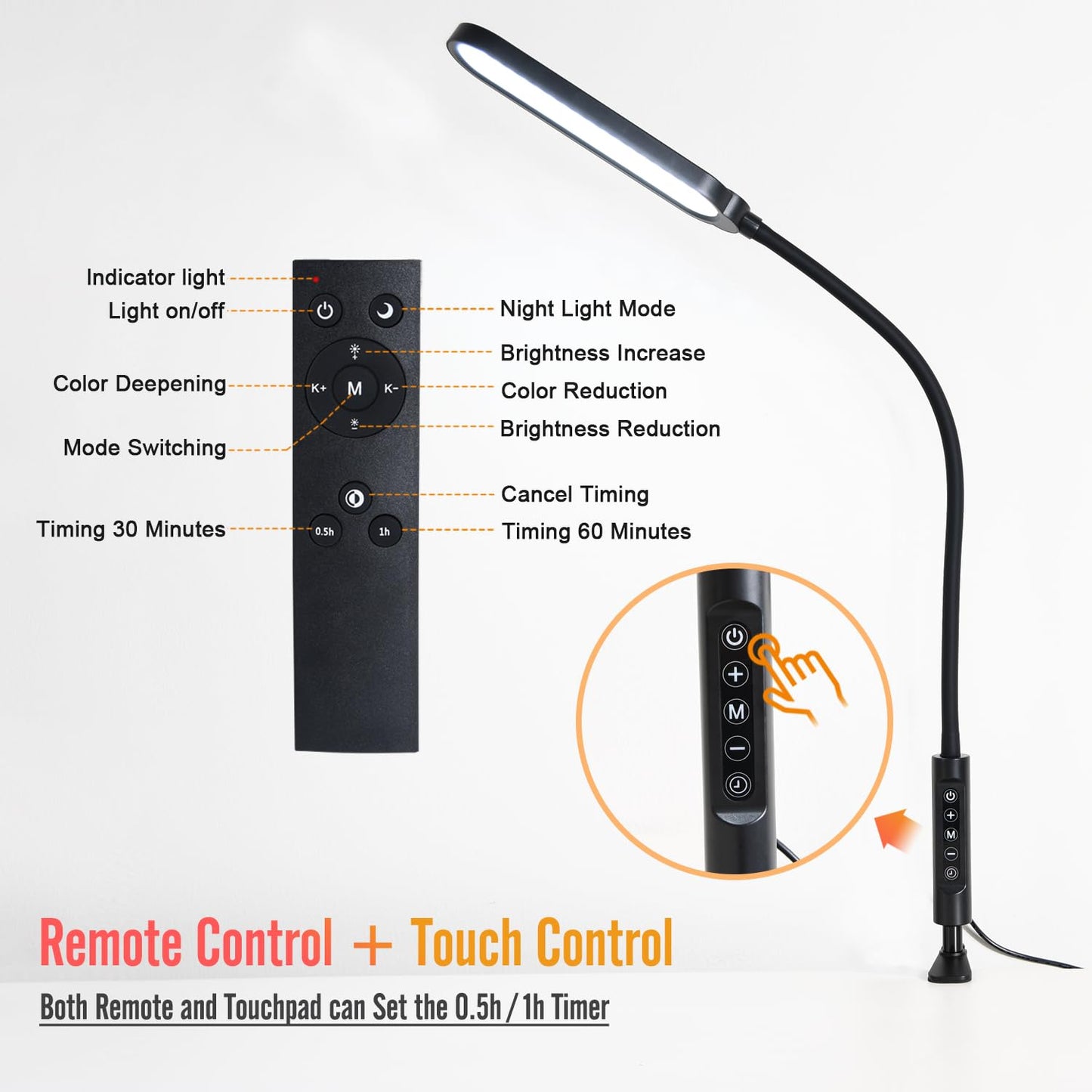 CeSunlight Clamp Lamp, Ultra Bright 18W, CRI>95, 3000 LMS, 3 Color Modes, Large, Ink Black, Model G03