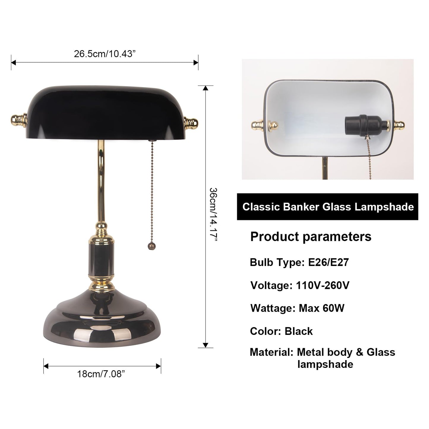 FIRVRE Bankers Desk Lamp, Black Glass Shade, Golden E26 Base, Model 006, Traditional Style for Office, Study Room