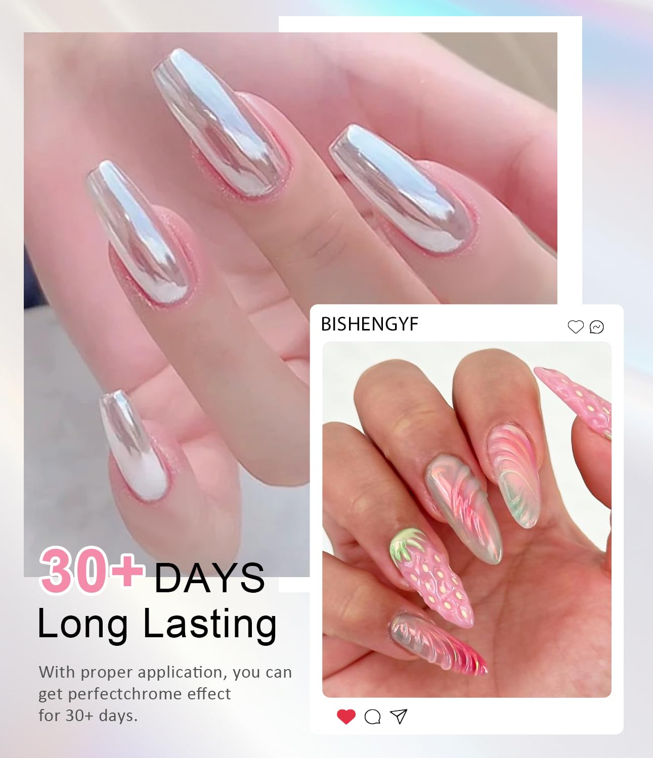 Pearl Chrome Nail Powder BISHENGYF -?Fairy Effect?Pink Chrome Nail Powder White Pearlesent Aurora Mermaid Iridescent Nail Chrome
