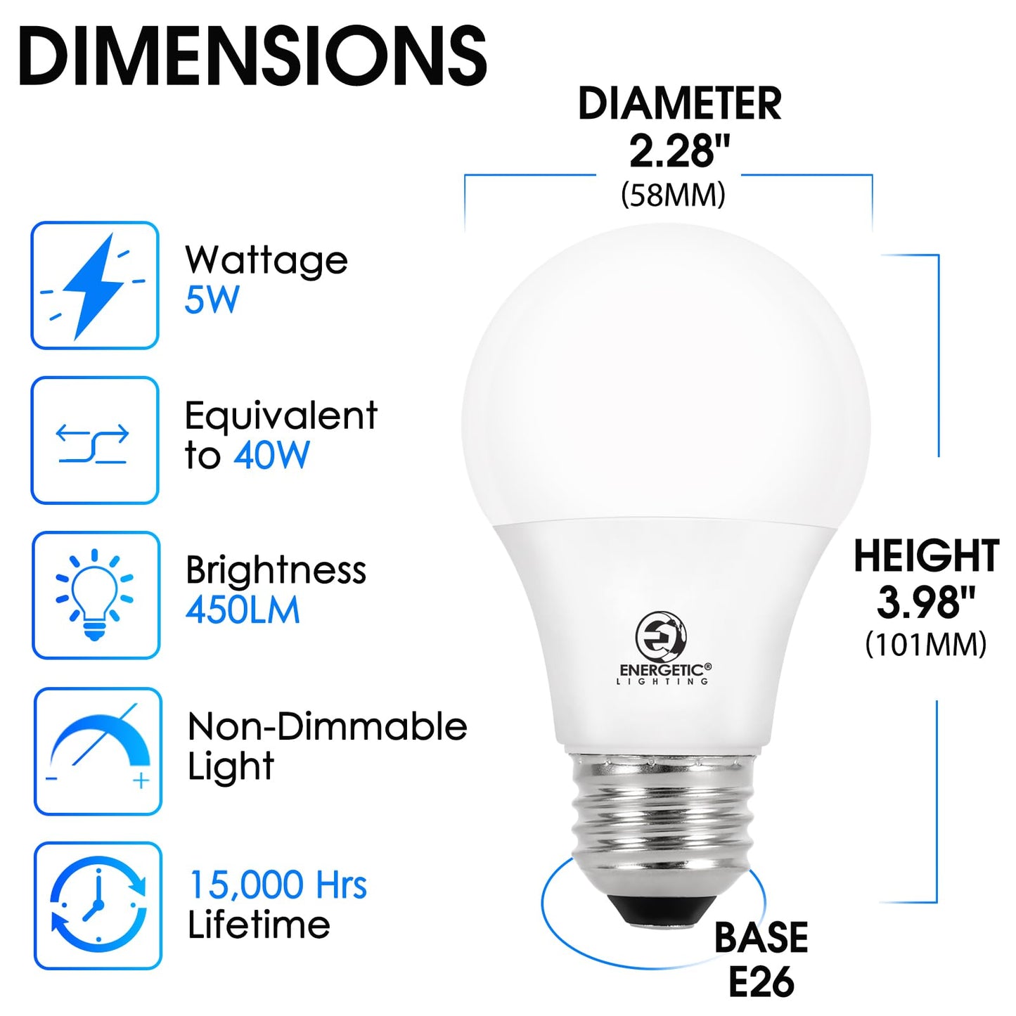 40W Equivalent, A19 LED Light Bulb, 5000K Daylight(Natural White), E26 Standard Base, Non-Dimmable, 450lm, ETL Listed, 4-Pack