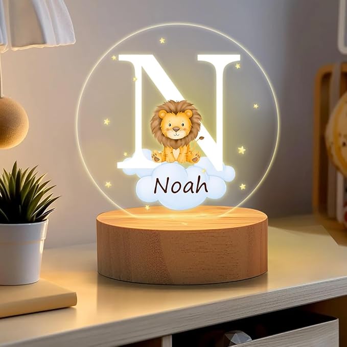 Personalized LED Night Light - Star Cloud Forest Animal Theme with Wooden Base