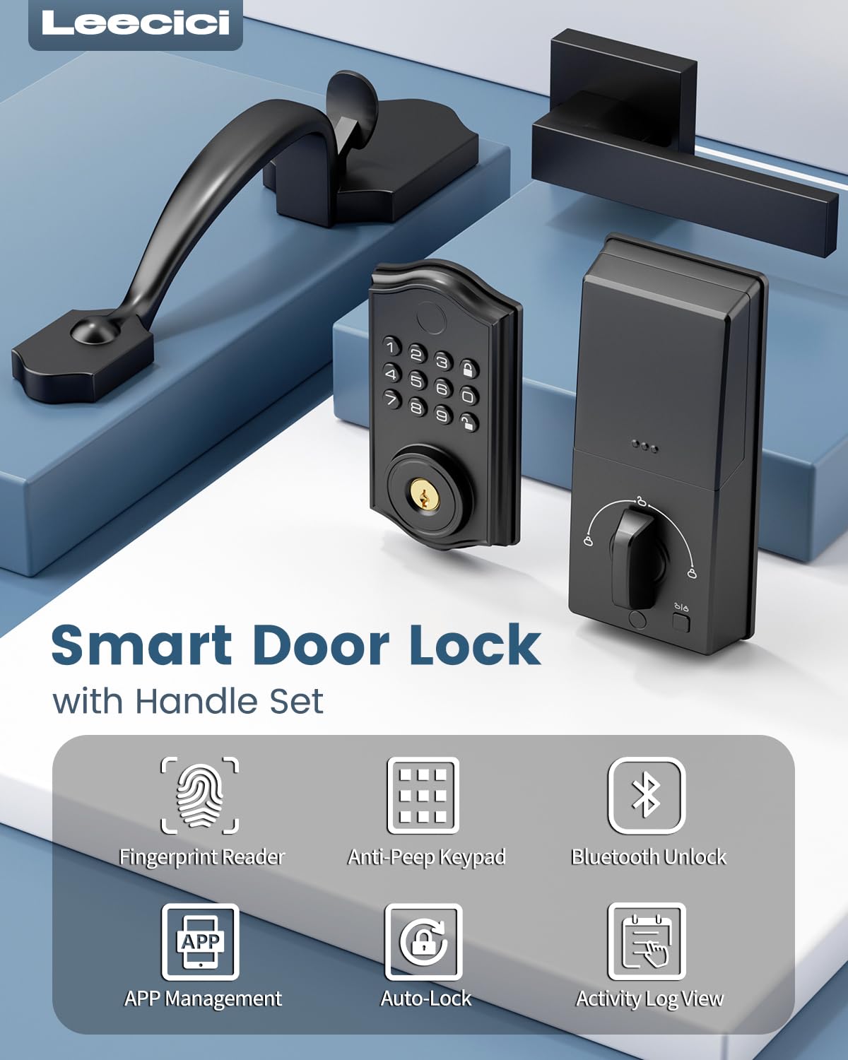 Smart Front Door Lock Set, APP Control Keyless Entry Door Lock with Handle, Smart Fingerprint Deadbolt, Anti-Peeping Electronic Keypad, Auto Lock, Easy Install, Black