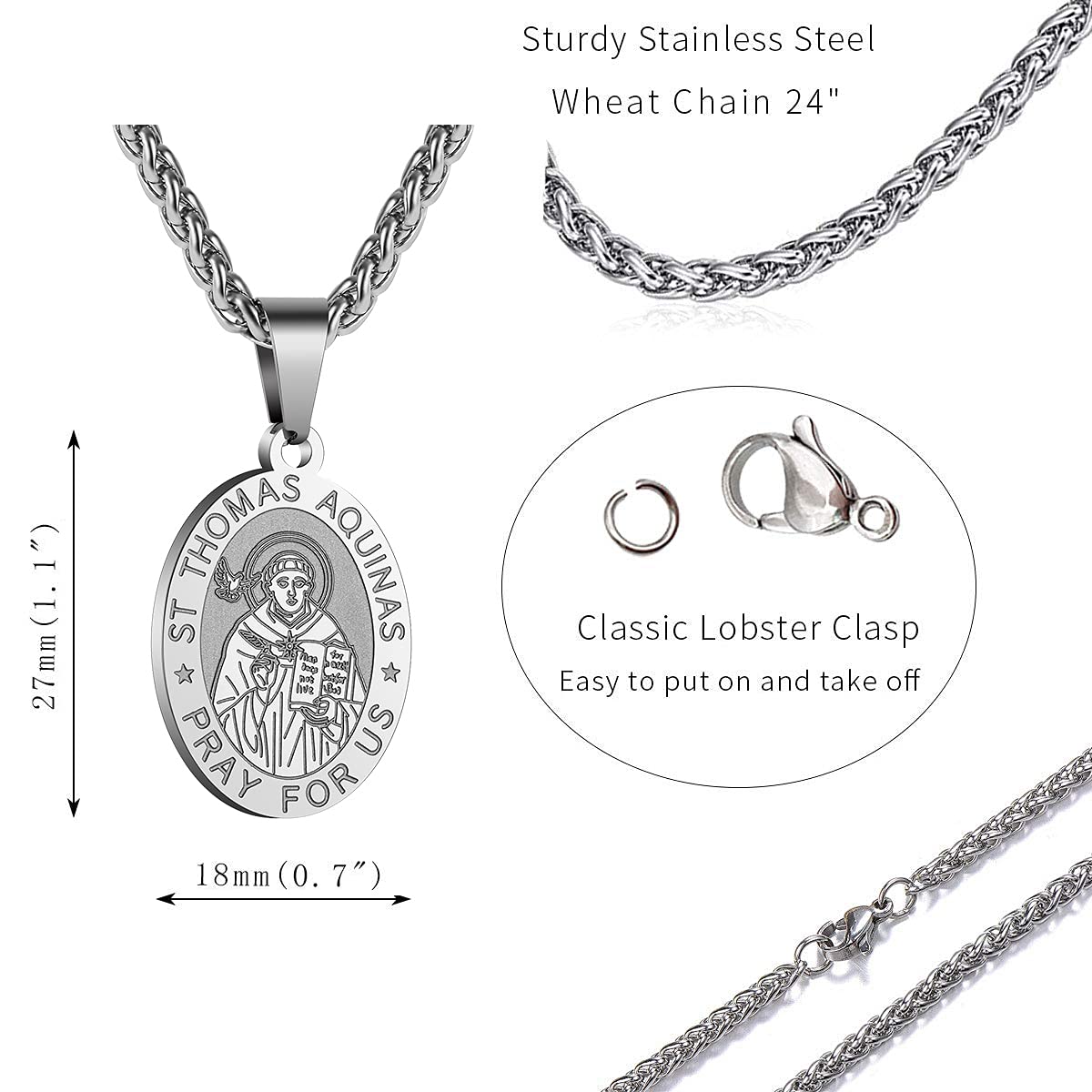 P. BLAKE St Saint Thomas Aquinas Medal Necklace for Men, Oval Stainless Steel Religious Catholic Saint Thomas Pendant Chain