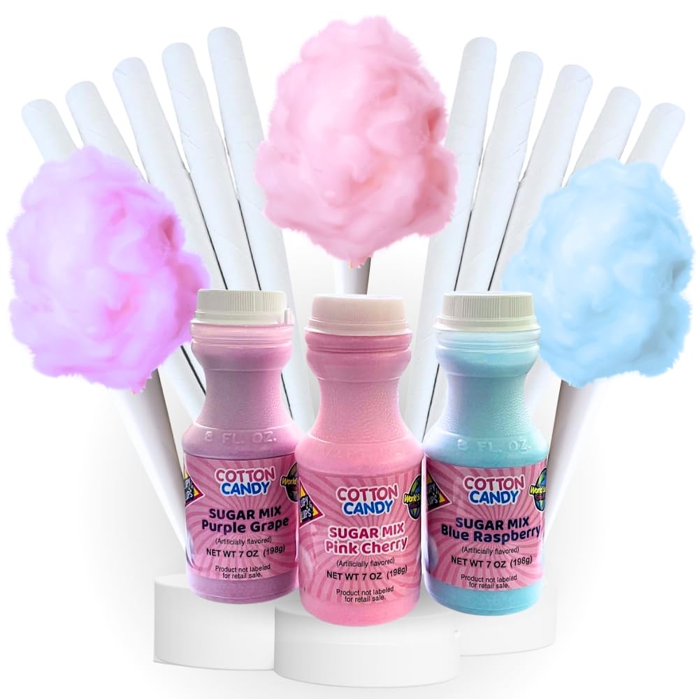 Lupy Lups! Sugar Mix Kit Floss Sugar w -3 Plastics Jars of 7 oz Blue Raspberry Purple G & Pink Cherry- 25 Paper Cones- Create Fluffy Cotton Candy - Cotton Candy also floats atop beverages!