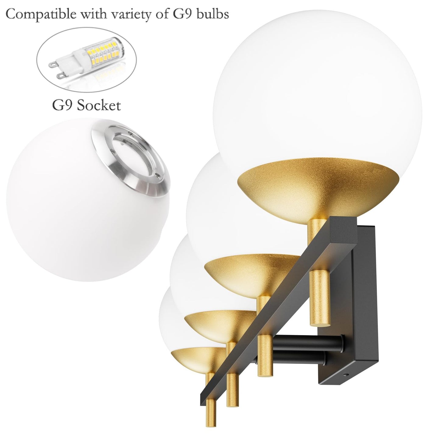 Ralbay Mid Century Modern 4-Light Vanity Light Fixture, Black/Gold, Metal, Model 1100, Milky Glass, Bathroom Over Mirror Lighting