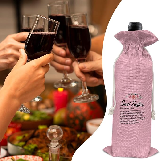 HOIJAUMAI Soul Sister Gift Friendship Gifts for Women Best Friends Soul Sister Bestie, Soul Sister Wine Bag Soul Sister Definition Wine Gift Bags for Birthday (Pink)
