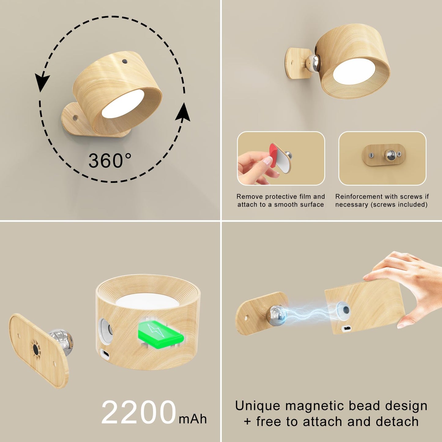 Deyagoo Remote LED Wall Sconce, Rechargeable, 3 Colors, 3 Brightness Levels, 360? Rotating, Wood-B, Pack of 2