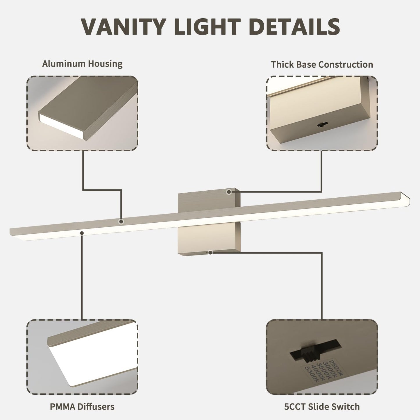 JUSHENG Vanity Lights for Bathroom, 5CCT Dimmable LED, 31.5in Metal Light Bar, Brushed Nickel, Model 6330