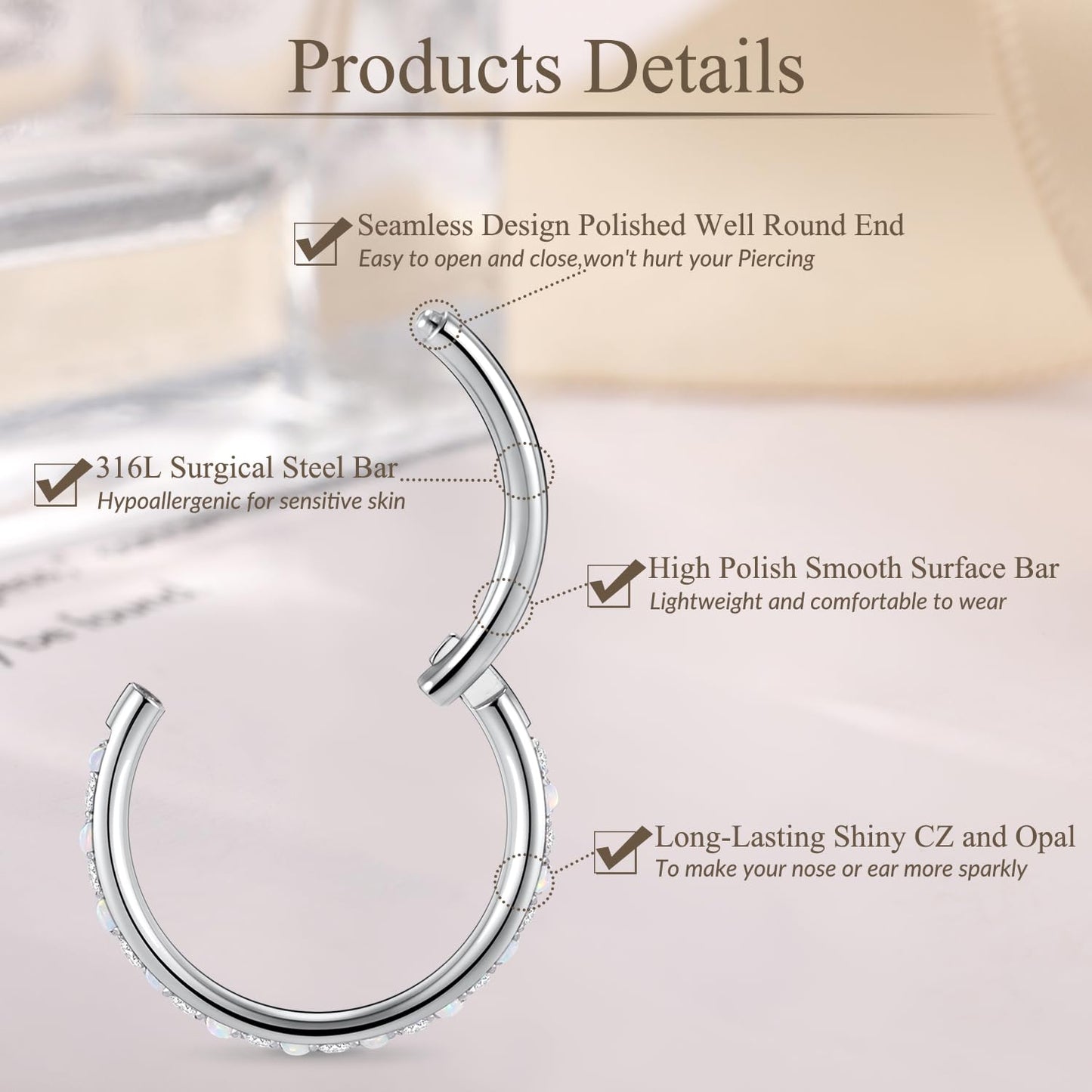16 Gauge Hoop Septum Clicker Gold 6mm Helix Earring Surgical Steel Nose Clicker Opal&CZ Paved 16g Rook Piercing Jewelry Hinge Ca