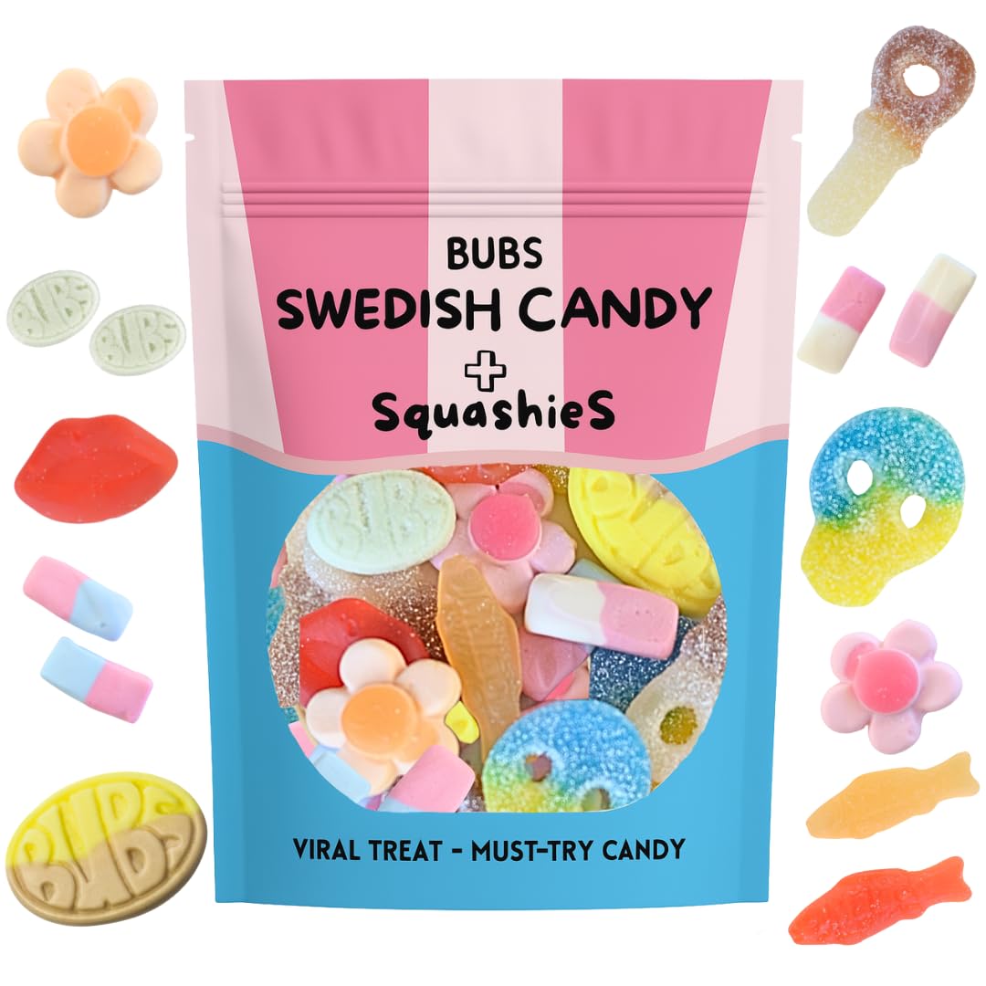 Swedish Candy Mix with UKs Famous Squashies - 1.2 lbs Bulk Bag of Viral Sweets Including Bubs Candy - Fun Assortment for Parties Gifts & Candy Lovers also includes the original Swedish Fish and Skulls