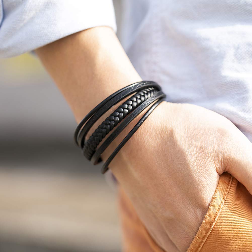 murtoo Mens Leather Bracelet with Magnetic Clasp Cowhide Multi-Layer Braided Leather Mens Bracelet (Brown&Black, 7.5)