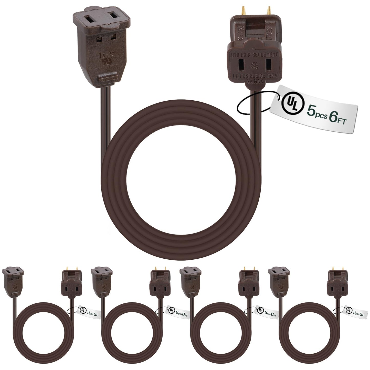 Kanayu 20 Pack 6 ft Brown Indoor Extension Cord 2 Prong Electric Cord Extender, Wire Plug in and End, Ac 120 Volts, for Outdoor