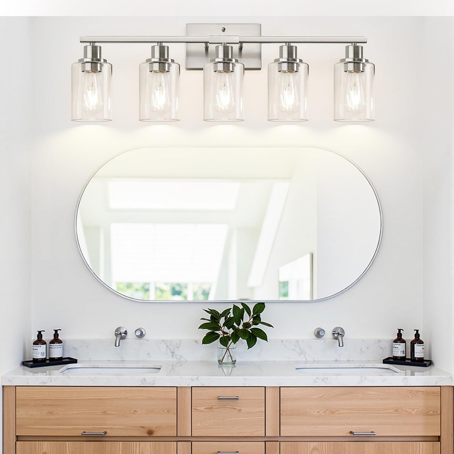 Indoi 5-Light Bathroom Vanity Light, Brushed Nickel with Clear Glass Shades, Model LTW070