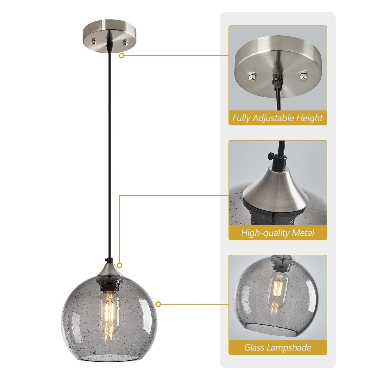 Lbsqj Light Grey Glass Pendant Lights Kitchen Island Lighting Globe Pendant Light Fixtures Modern Pendant Lighting For Bedroom Living Dining Room Light Fixture (7.87 In 2 Pack)