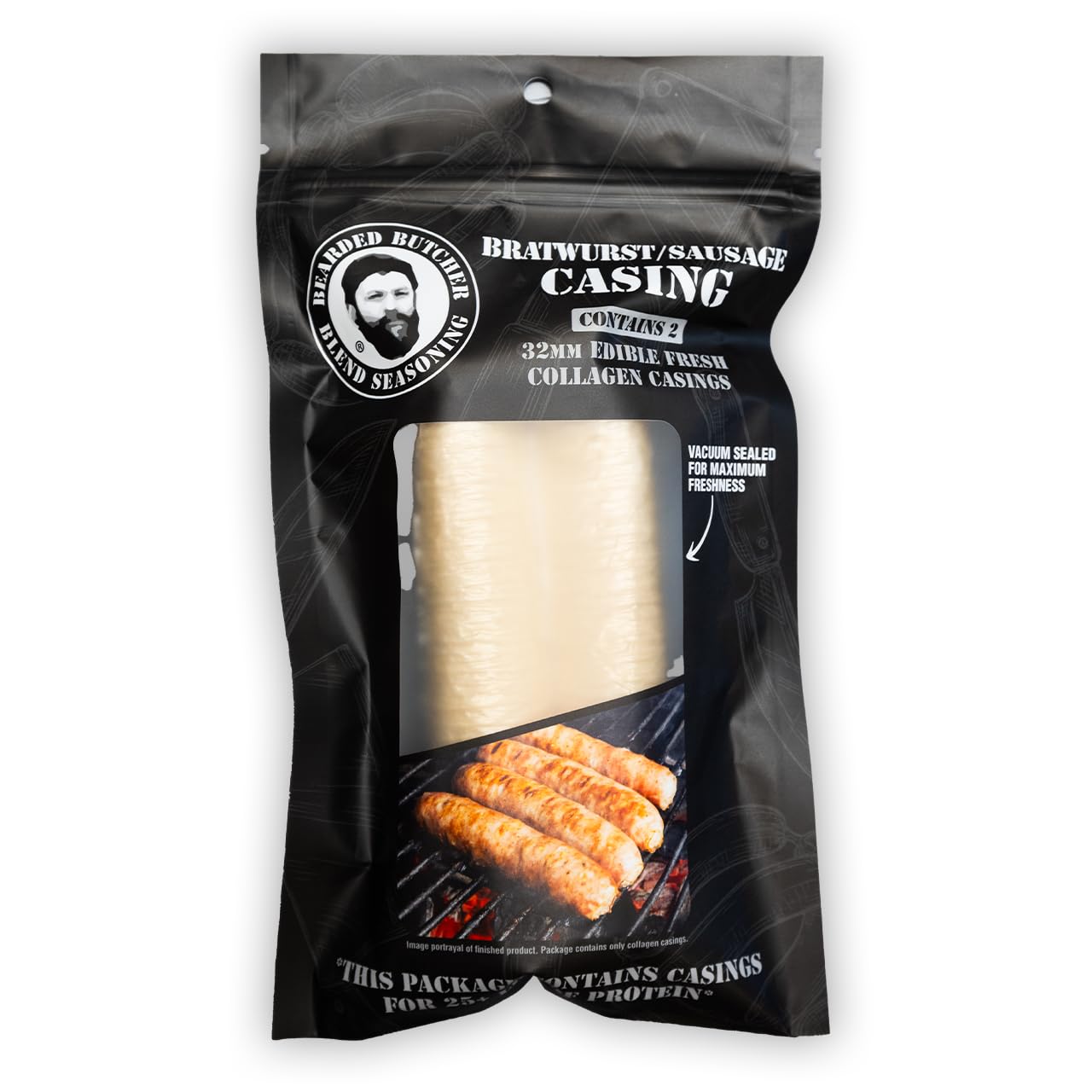 Bearded Butchers Edible 32mm DIY Collagen Sausage Casings 2-Pack - Make Your Own Italian Sausage Bratwurst Chorizo & More at Home Vacuum Sealed Holds Up to 25 lbs of Meat