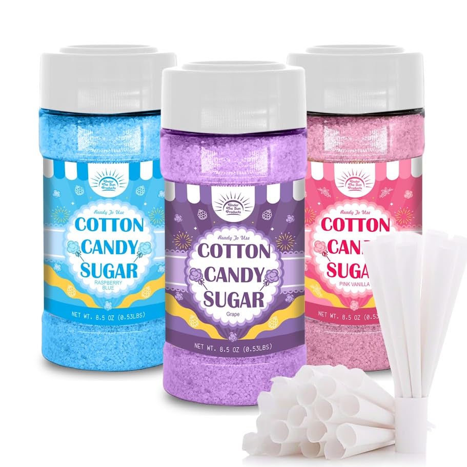 Cotton Candy Floss Sugar Package of ct-(Pink Vanilla Blue Raspberry & G)-8.5oz Each Flavor W/ 50 Paper Cones