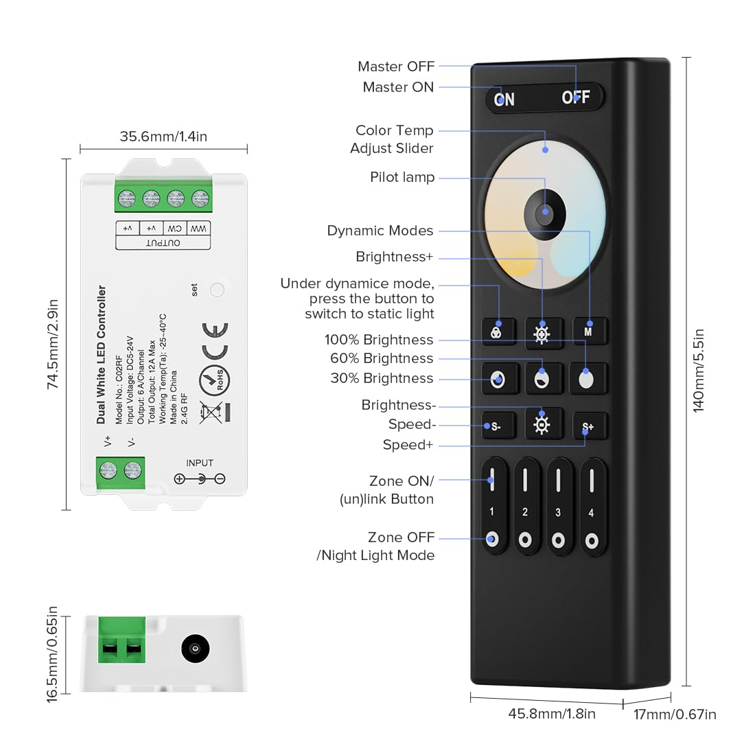 BTF-LIGHTING RF Remote Controller Kit, 4 Zone PWM CCT, DC5V/DC12V/DC24V, Model RC02RFB+4XC02RF, Color Cct