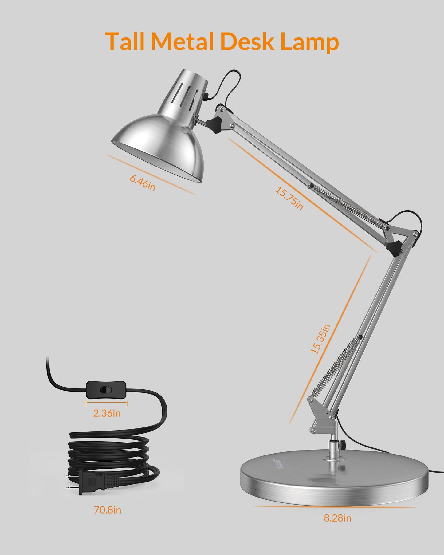 Lepower Metal Desk Lamp, Adjustable Goose Neck, Swing Arm, Silver, Model Ut2020, Eye-Caring Reading Lamp For Bedroom & Office