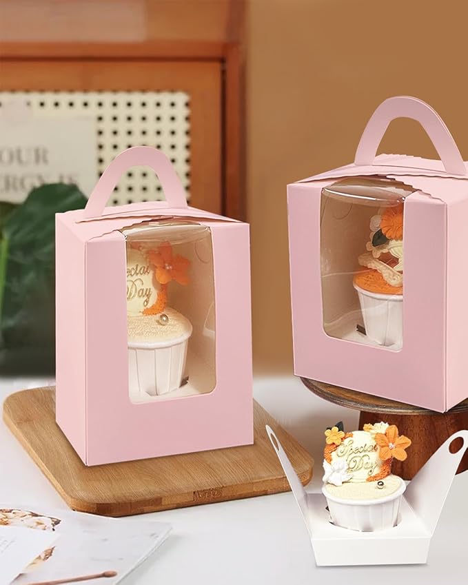 Bakepacker Auto-pop up Individual Cupcake Boxes with Window 60 Count Pink Single Cupcakes Box 3.7 x 3.7 x 4.3inch Cupcake Carrier