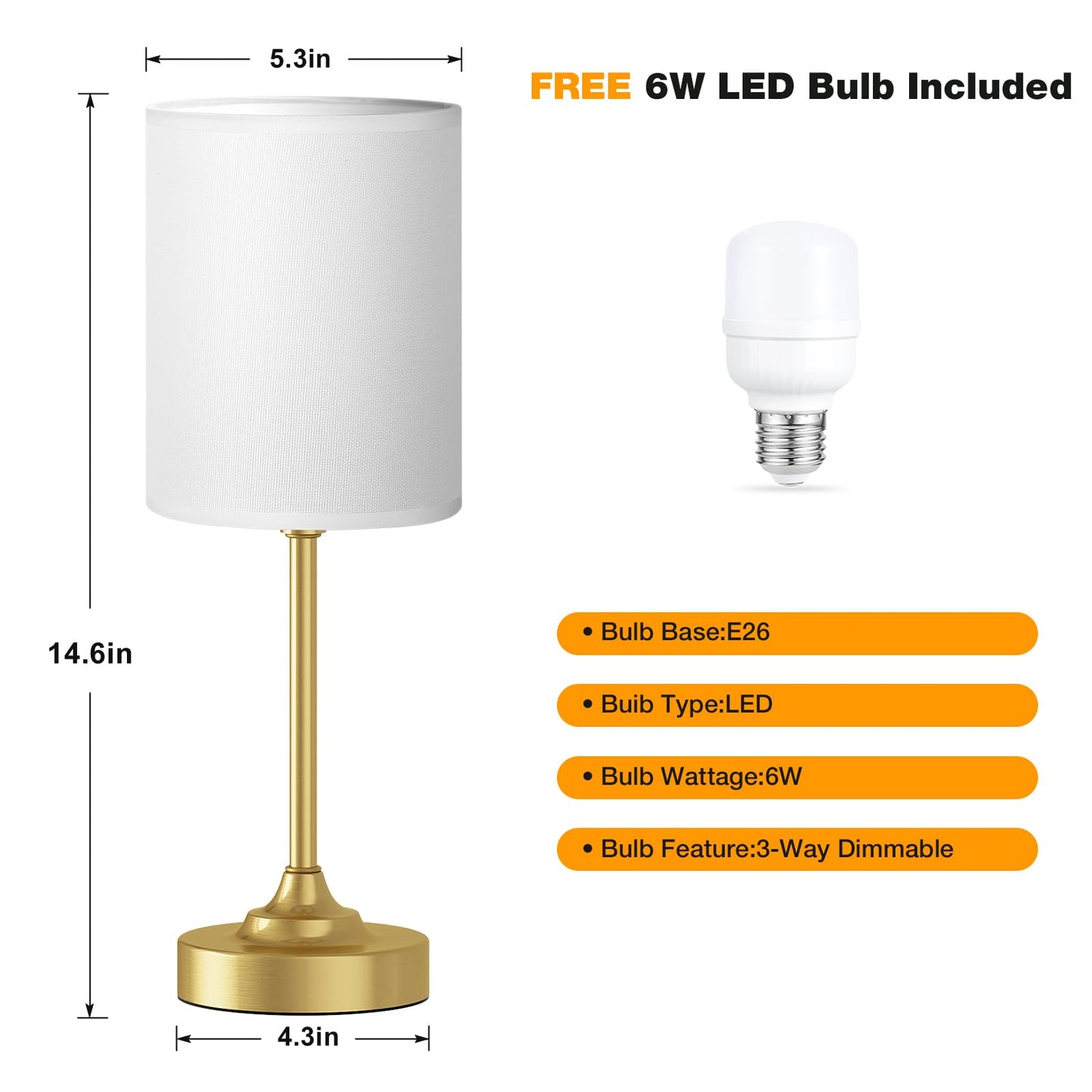 Dicoool Touch Bedside Table Lamp - 3 Way Dimmable, 14.6in, Metal and Fabric, White Shade - Gold Base, Model 15-22