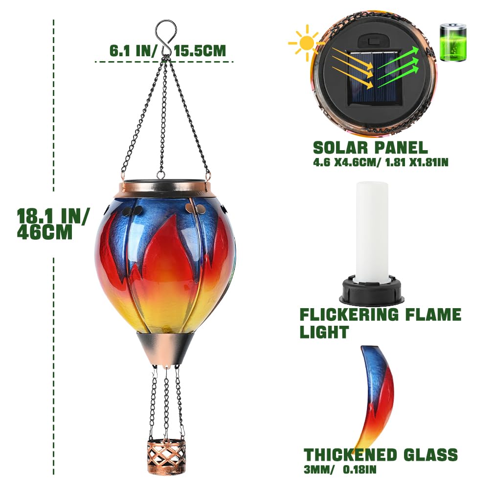 Hot Air Balloon Solar Lantern - Simulated Flickering & Dancing Flame Glass Lantern Outdoor Hanging Yard Light Waterproof Ip65 For Garden Patio Lawn Porch Decor Gift