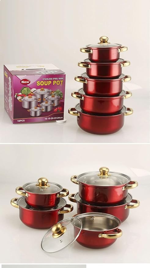 10PCS Stainless Steel Cookware Sets Nonstick Cookware Pot Dishwasher Safe Pots with Glass Lids for Soup, Pasta, Stew, Rice, Healthy Everyday Use for Gas Electric Halogen Ceramic Induction Hobs 01