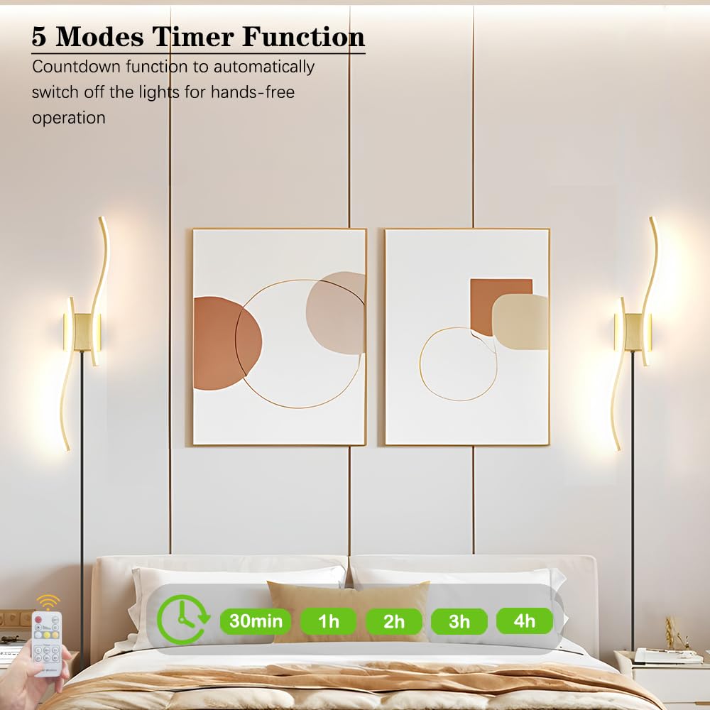 Daunton Wall Sconce Set of 2, Gold Dimmable LED Light, 27.5in Plug-in, Remote Control, 3CCT Adjustable, Model DX25021G-