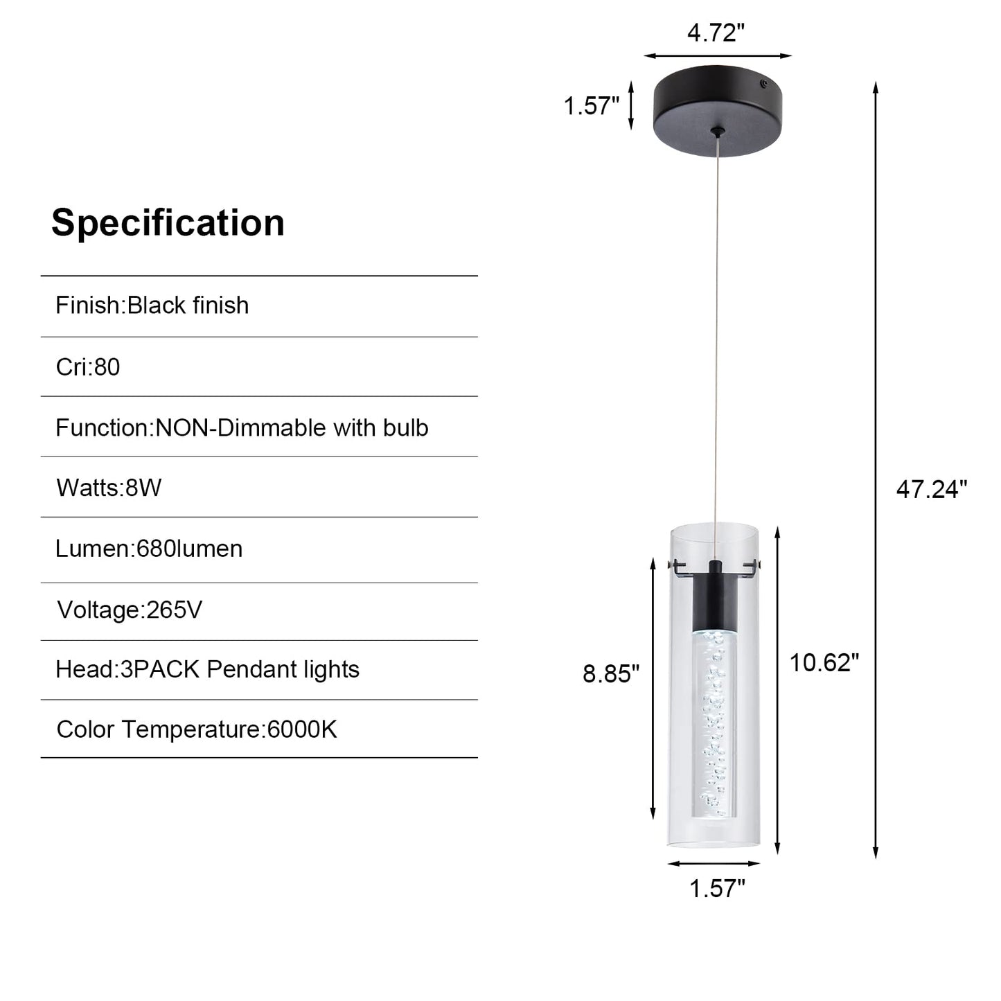 votag Mini Pendant Lights 3-Pack 24W CRI80 1920 Lumen 6000K Black Aluminum Model PI-0172A1-24W3-BK