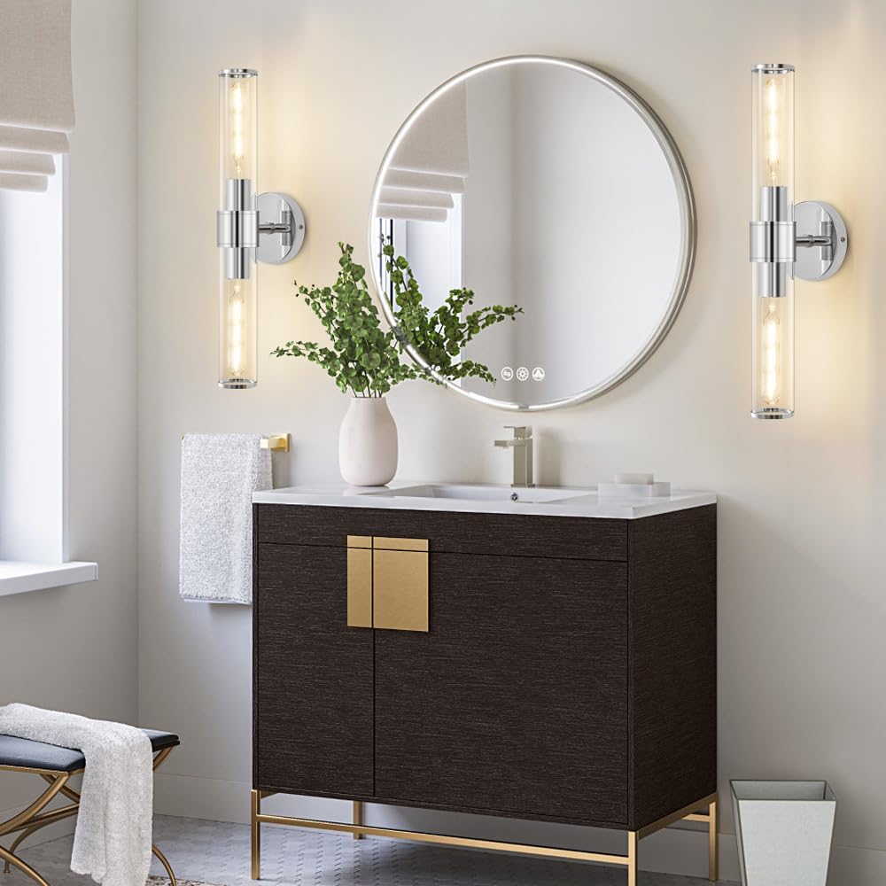 Vaziden Chrome Wall Sconce Bathroom Light Fixtures In Clear Glass Indoor Wall Sconces Modern Sconce Wall Lighting Up And Down Vanity Lights Fixtures For Bathroom Living Room - Bulb Not Included