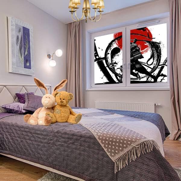 Japanese Samurai Decorative Window Film Watercolor Ink Samurai Sword Red Sun Printdining Room Window Film,Dorm Room Glass Film 23.6Wx35.4L-Inch X2Pcs