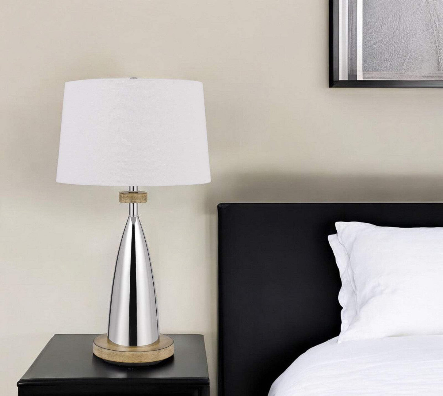 Homeroots Usb Table Lamp - 31 In. Silver Metallic With White Empire Shade, Model 524742