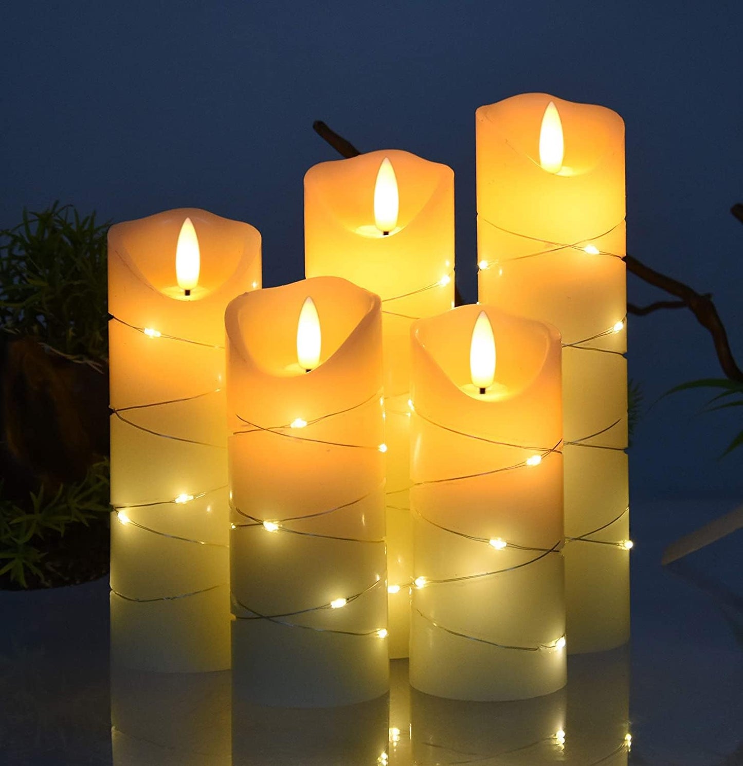 LED flameless Candle, with Embedded Starlight String,( danip)5-Piece LED Candle, with 10-Key Remote Control, 24-Hour Timer Function, Dancing Flame, Real Wax, Battery-Powered. (Ivory White)