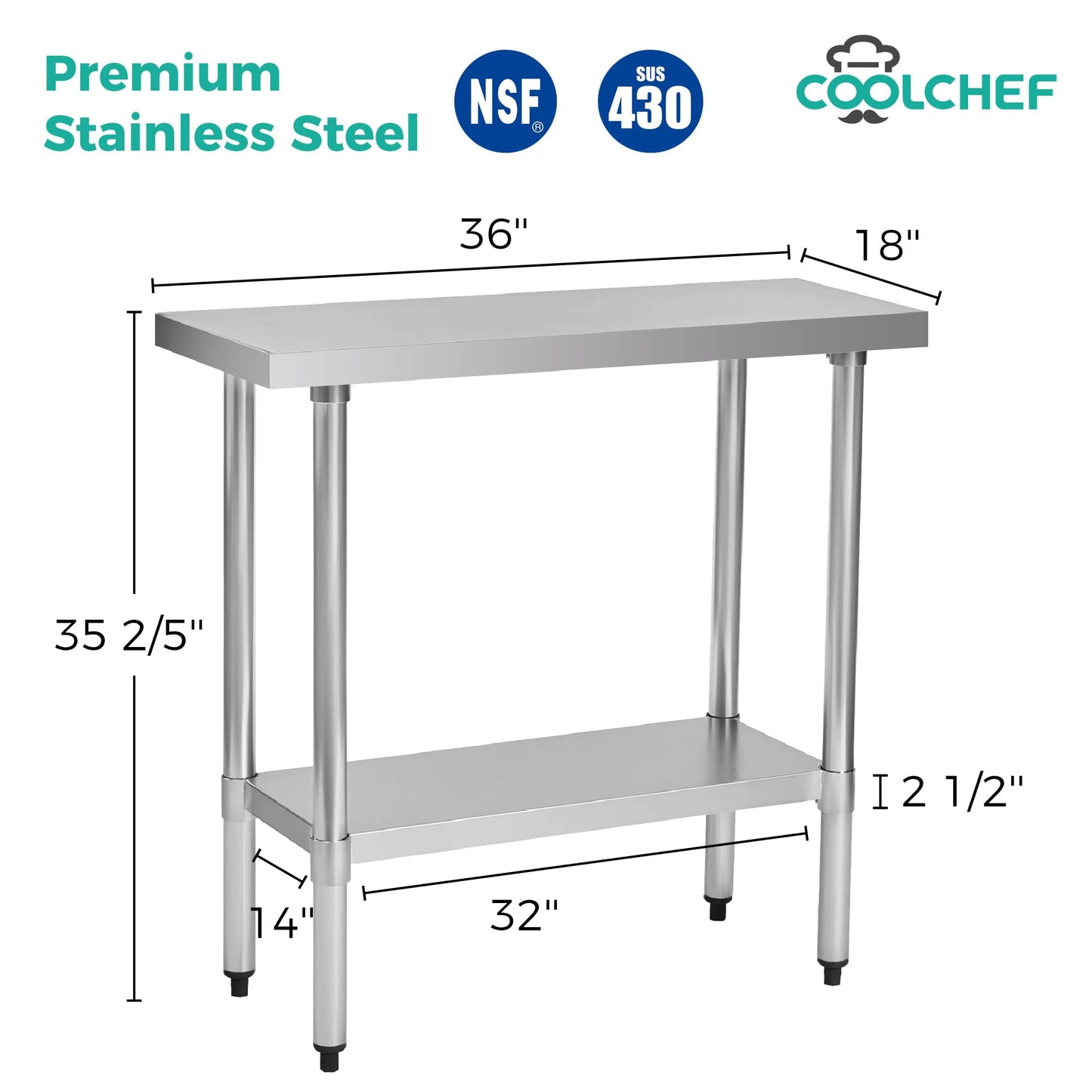 Okeyolive Stainless Steel Work Table 18 x 36 Inch, NSF Commercial Prep Table with Undershelf, Heavy Duty Food Prep Workstation