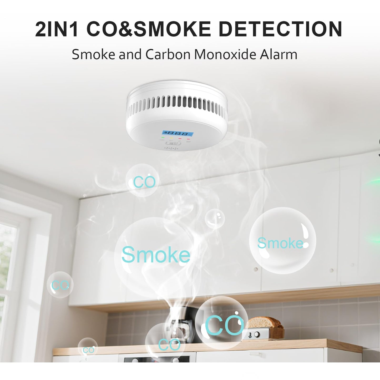 2-in-1 Smoke and Carbon Monoxide Detector Alarm ,Combination Smoke Detector & CO Fire Alarm 2XAA Battery-Operated ,LCD Display & 85db Sound Warning for Home, Bedroom, Kitchen