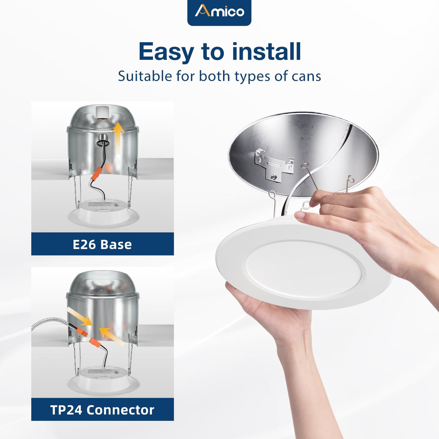 Amico Recessed Lighting 5/6 Inch, 4 Pack 5CCT Flat LED Can Lights, 2700K/3000K/4000K/5000K/6000K Selectable,12W Eqv 120W, 1050LM Brightness, Retrofit Installation - ETL & FCC