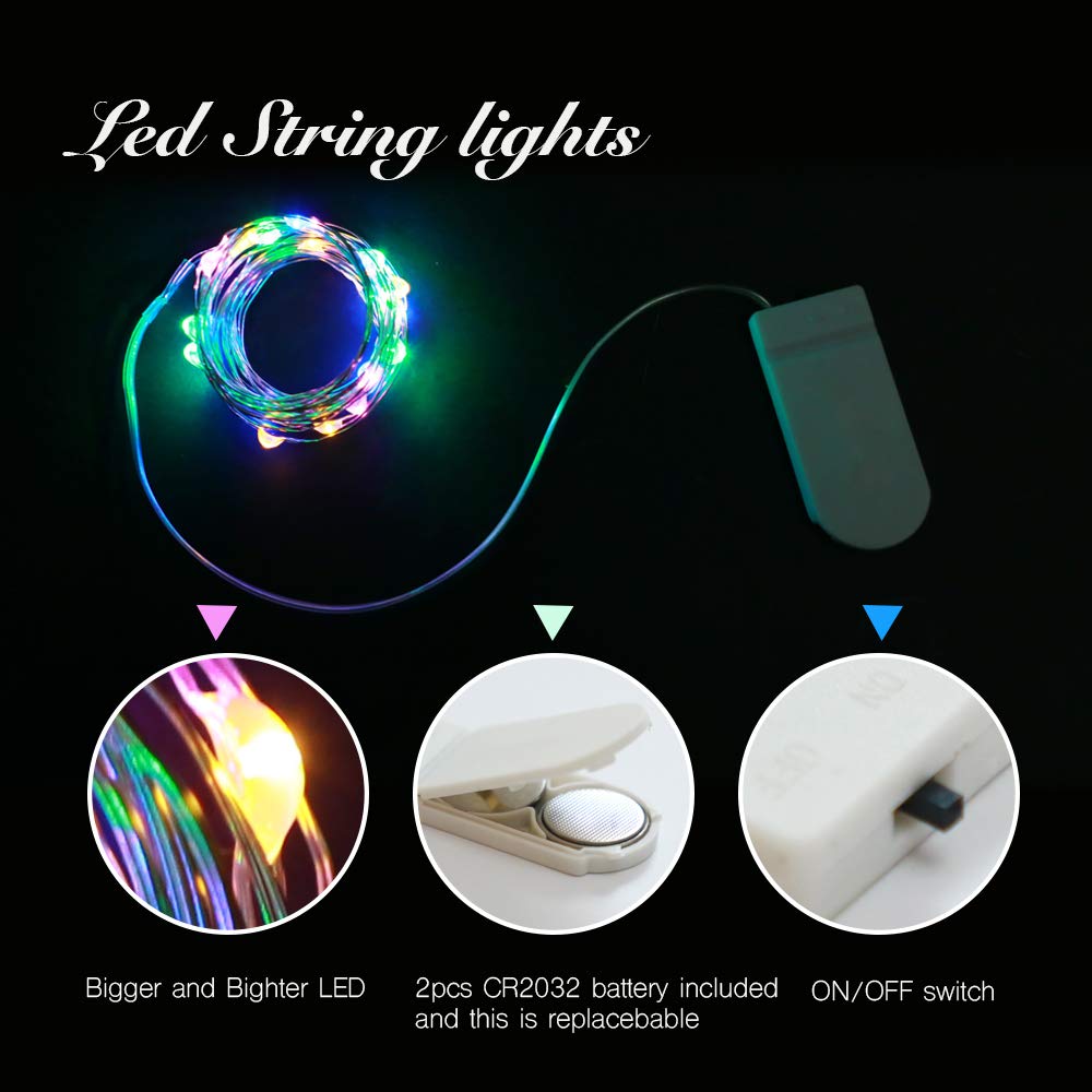VOOKRY Mini Fairy Lights, 12 Pack, 30 LEDs, 10 ft, Battery Operated, Multicolor Copper Wire, Model PTUX-CR2032