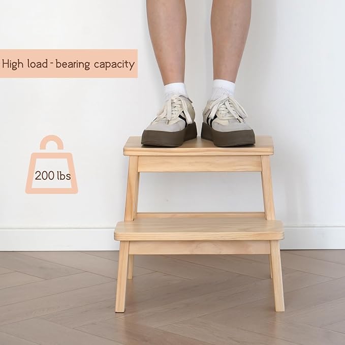 Adult & Child Wooden Two Step Stool ,Stepping Stool,Kids Step Stool Kitchen Step Stools for Bathroom– Perfect for Kitchen, Bathroom, Bedrooms & More (Wood Color)