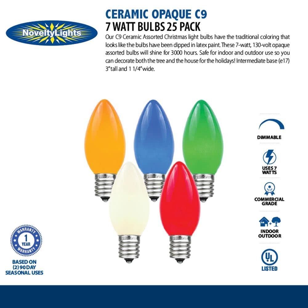 Novelty Lights C9 Ceramic Replacement Bulbs, Yellow, E17 Base, 7W, 500 Count
