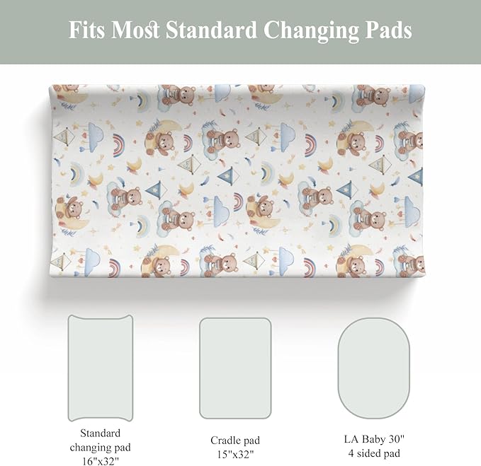Watercolor Bear Rainbow Blue Changing Pad Covers for Baby Boys Cute Bears Moon Stars Clouds Fitted Change Table Covers Mats Animal Soft Diaper Changing Table Sheets for 32''×16'' Contoured Pad