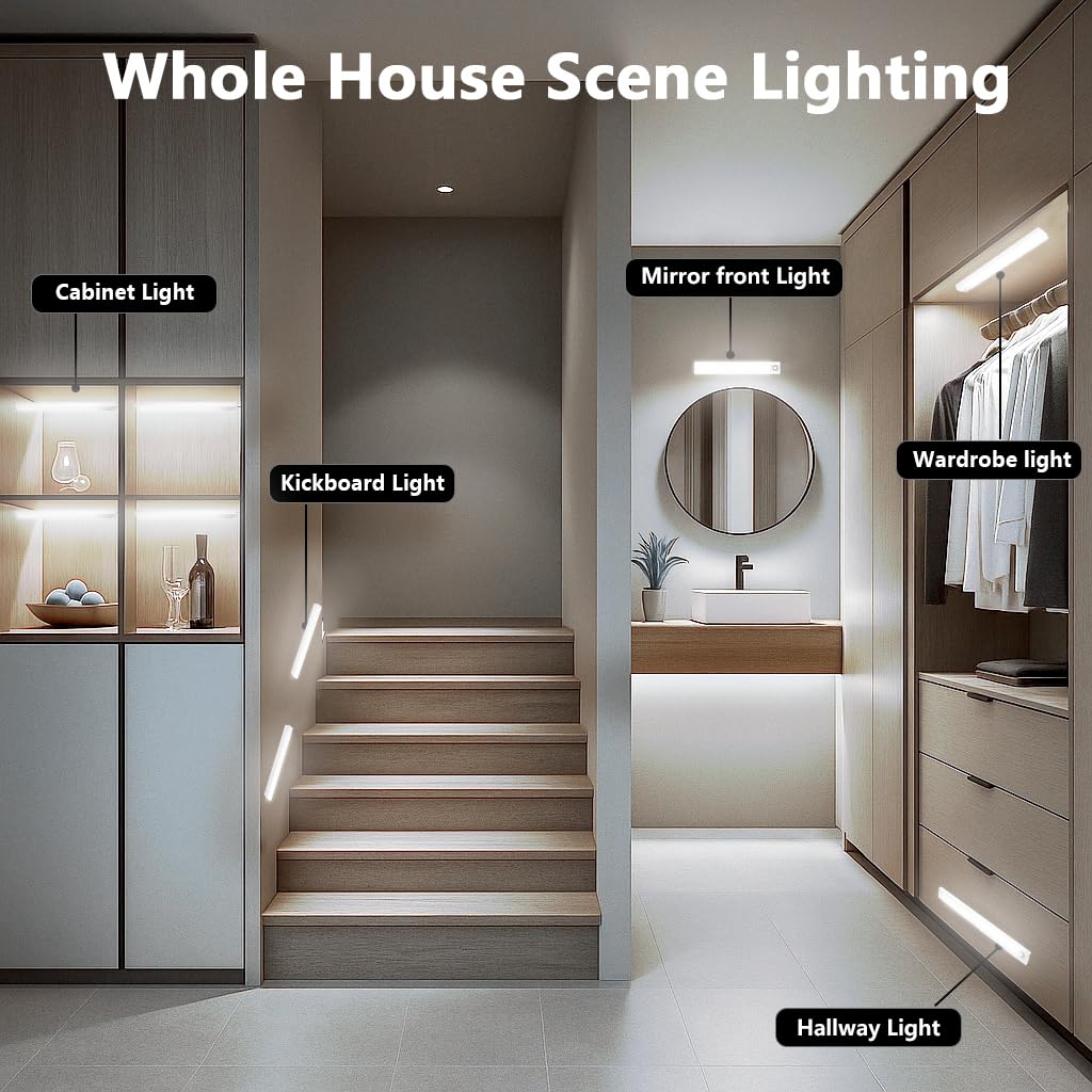 10 Under Cabinet Lighting 68Leds Motion Sensor Light Indoor Rechargeable Battery Magnetic Closet Light Wireless Under Counter Lights For Kitchen Stairs 4-Pack Daylight
