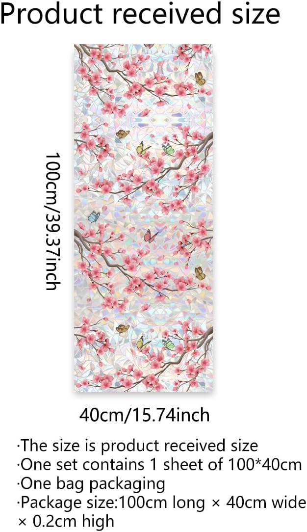 Runtoo Window Privacy Film Rainbow Cherry Blossom Flower Window Clings 3D Decorative Vinyl Stained Glass Butterfly Floral Decals Static Cling Sticker Non-Adhesive, 15.75 x 40 inches