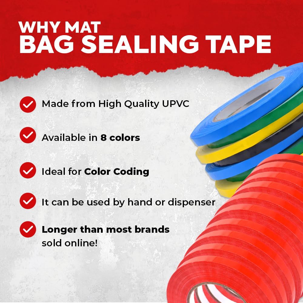MAT Food Saver UPVC Tape Black (Pack of 10) - 1/2 x 180 yds. Poly Bag Sealing Tape for Wrapping, Packaging, and Airtight Food Storage