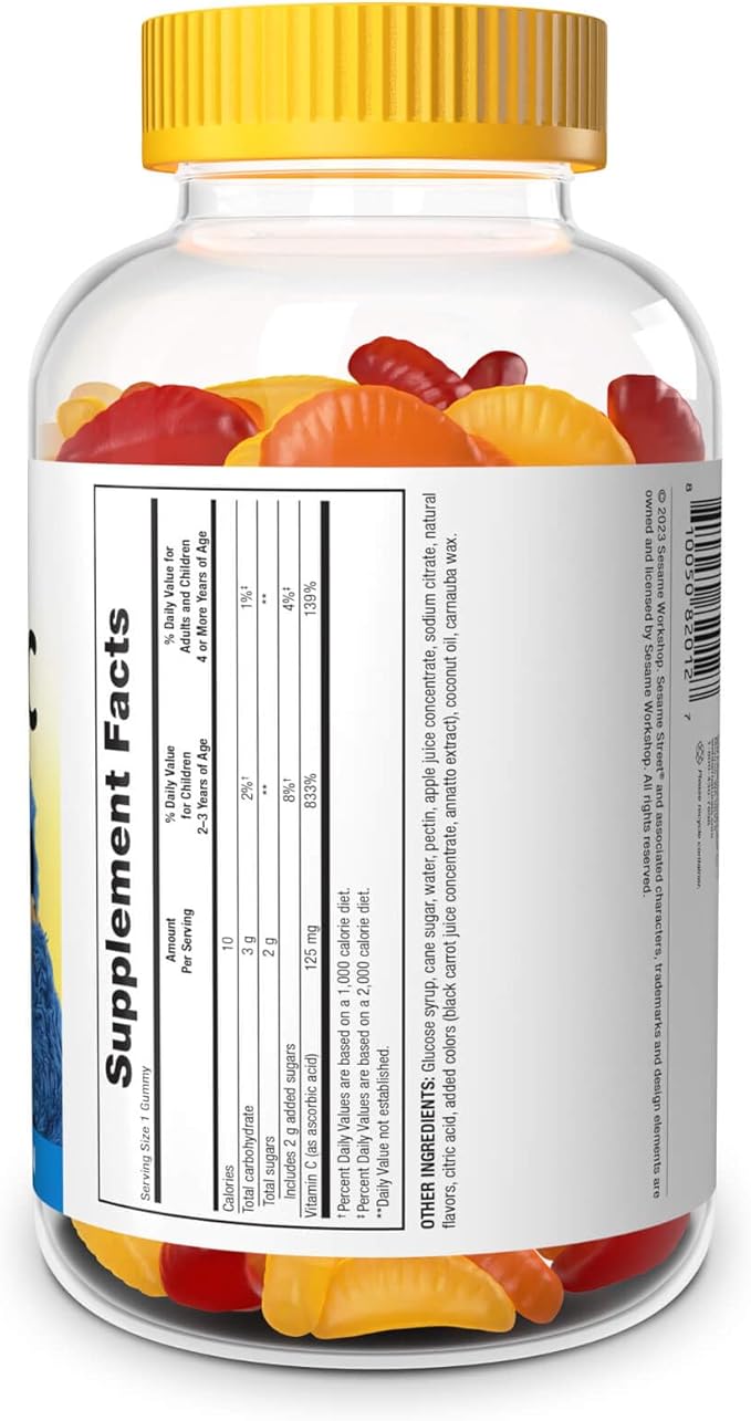 Webber Naturals Sesame Street Vitamin C Gummies for Kids 2+, 125 mg of Vitamin C per Gummy, 6 Month Supply, Free of Gluten, Dairy, Peanut & Gelatin, Immune Support, 180 Gummies