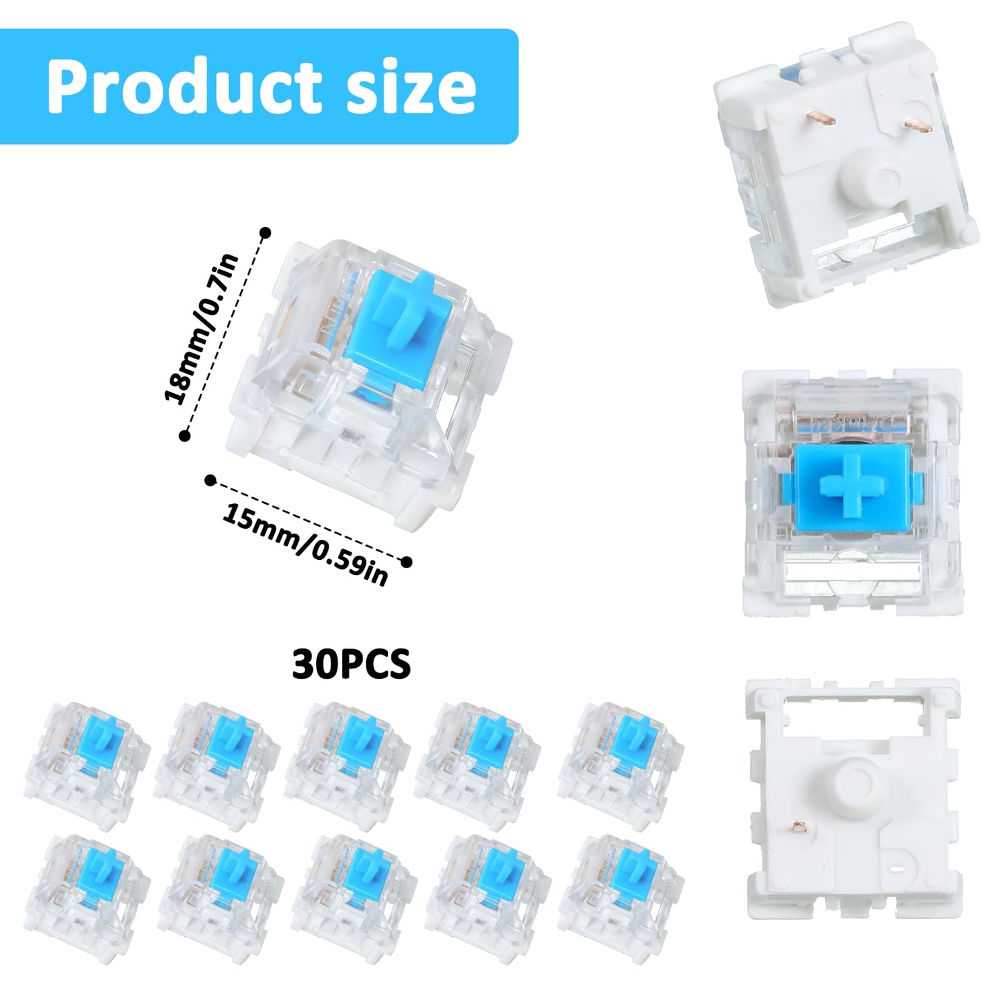 30 Pieces Blue Mechanical Keyboard Switches, 3 Pin Pre-Lubricated Clicky Key Switches, Dustproof and Waterproof Keyboard Accessories for Mechanical Gaming Keyboards