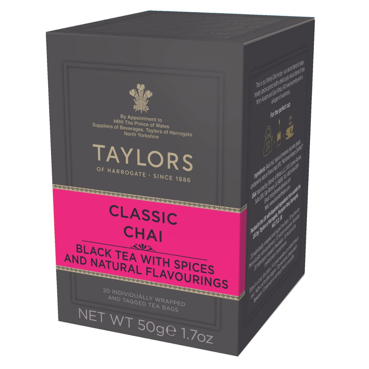Taylors of Harrogate Classic Chai, Black Tea, Individually Wrapped Bags, 20 Count (Pack of 6), Spiced, Aromatic & Warming, Caffe