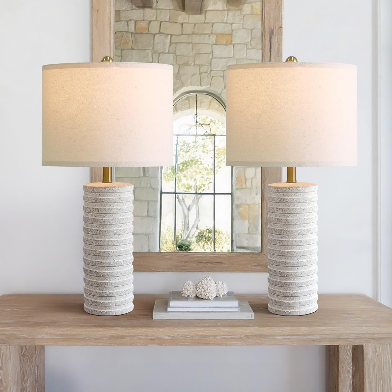 PoKat Ceramic Table Lamps Set of 2, Tall, Neutral, Distressed Finish, AMZ-T1253WH, Rustic Home Decor for Bedroom and Living Room
