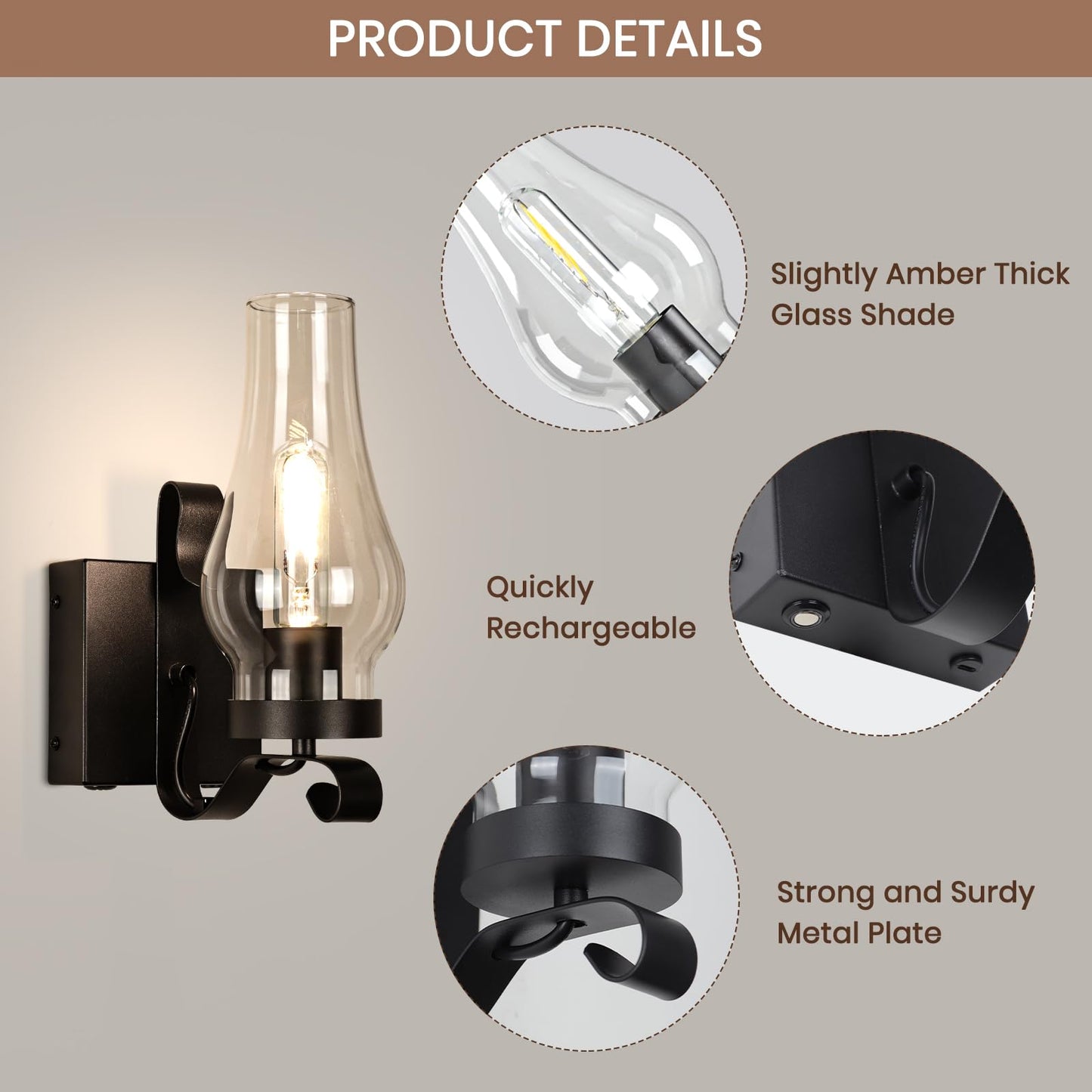 EIDEARAY Battery Operated Wall Sconces, Rustic Antique Kerosene Lamps, 2-Pack, Metal, Black, Model WL-CTGD-D2