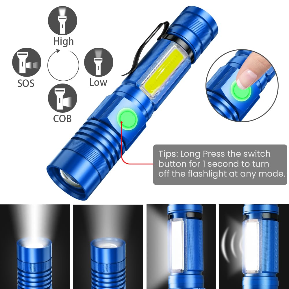 Vnina Tactical Flashlight, Rechargeable USB Magnetic, Waterproof, LED, 4 Models, 2 Pack, Blue, Aluminum